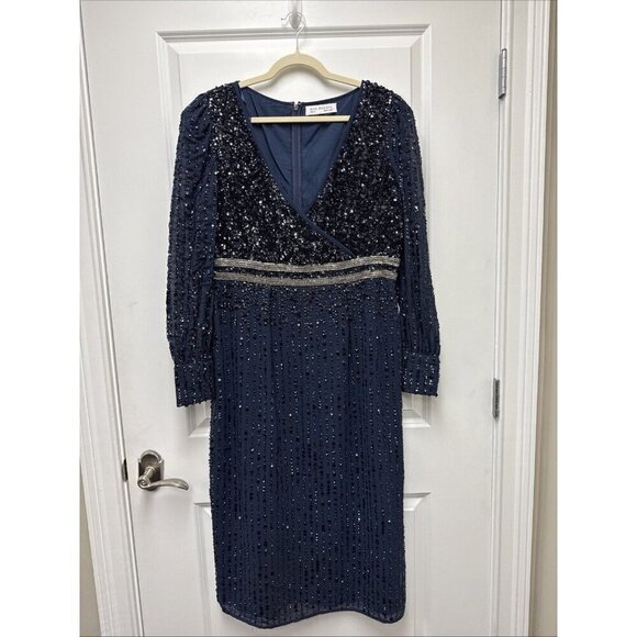 Mac Duggal Size 12 Navy 93593 Sequined V Neck Bishop Sleeve Midi Cocktail Dress - Picture 4 of 13